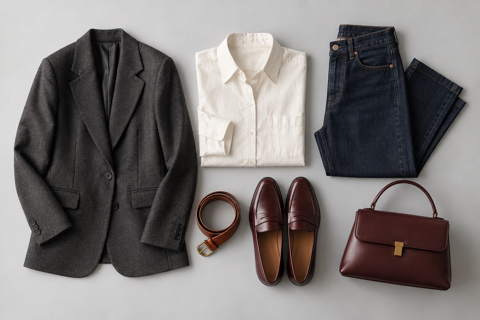 A capsule wardrobe flat lay with a charcoal blazer, ivory shirt, jeans, belt, loafers and a burgundy bag