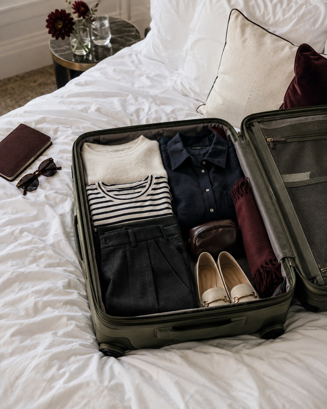 Open olive suitcase packed with a striped tee, cream knit, navy shirt, dark trousers and shoes on a white hotel bed.