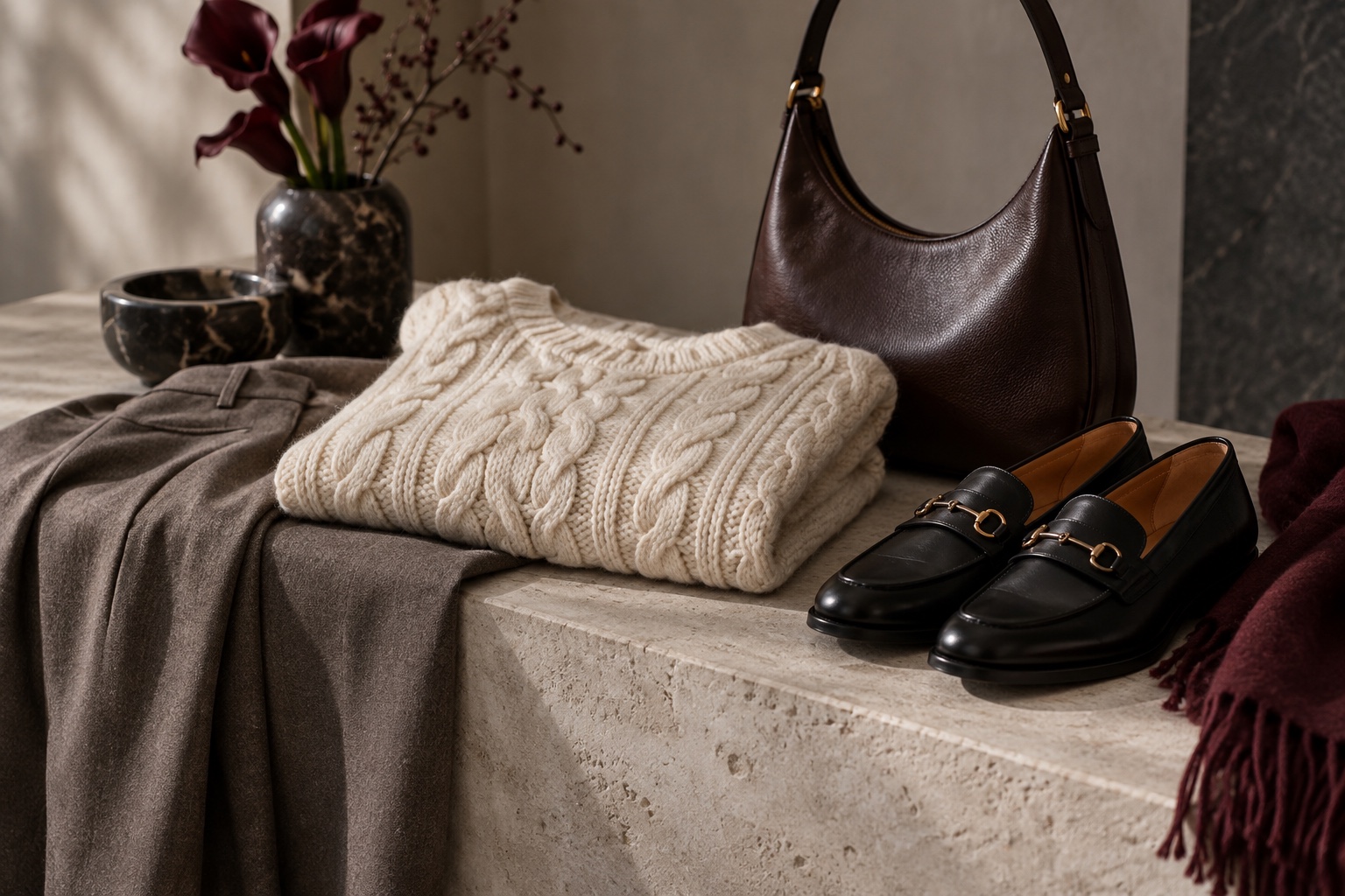 Cream cable-knit sweater, black loafers, chocolate shoulder bag and taupe trousers arranged on a pale stone plinth.